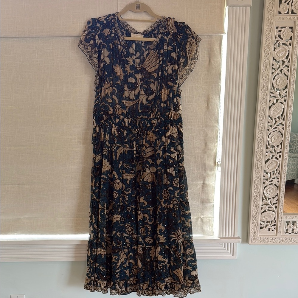 Ulla Johnson Navy and Beige Floral Midi Dress
